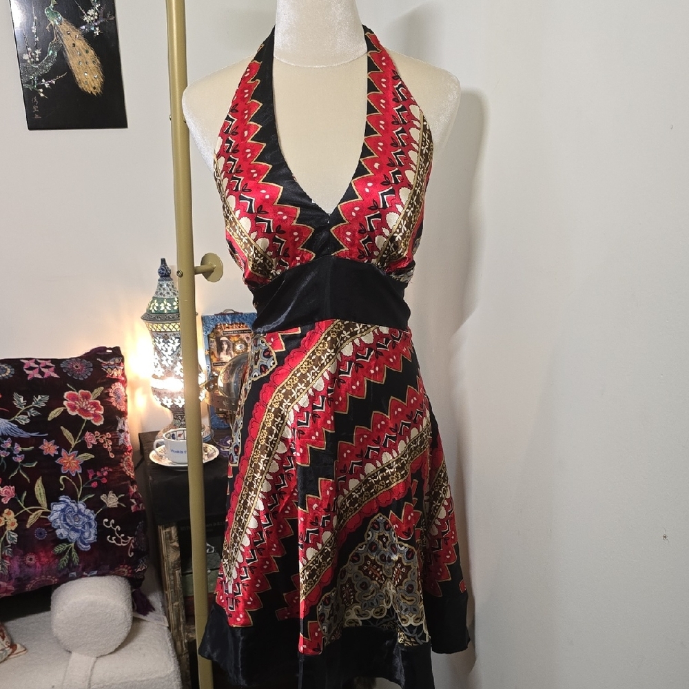 Elegant Red and Black Halter Dress